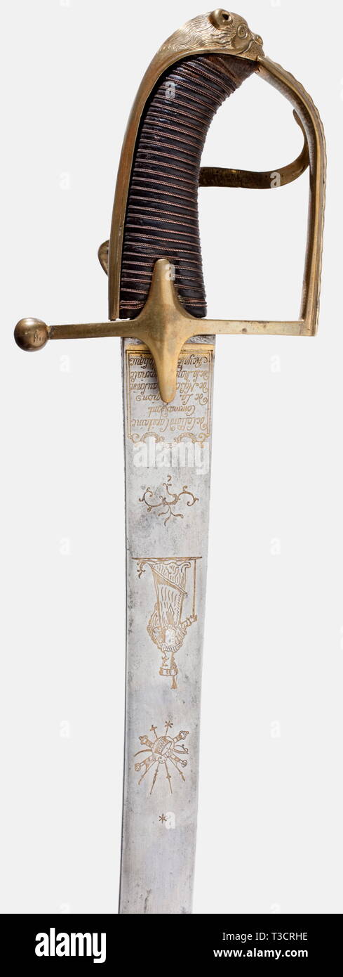 Jean Gaspard Hulot de Collard (1780 - 1832), a sabre for the commander of the Légion de Nesselrode, 1808 Slightly curved blade (somewhat stained), etched and gilt on both sides of the forte. The obverse side has a crescent moon coat of arms framed by vine work, and trophies at the base of the blade, the reverse side has a trophy bundle, an oriental figure, and the owner's inscription 'de Collard, Commandant de la Légion de Nesselrode au Service de la Majesté Impériale Royale apostolique'. The maker's inscription, 'La Veuve Eickhorn & Fils a Solin, Additional-Rights-Clearance-Info-Not-Available Stock Photo