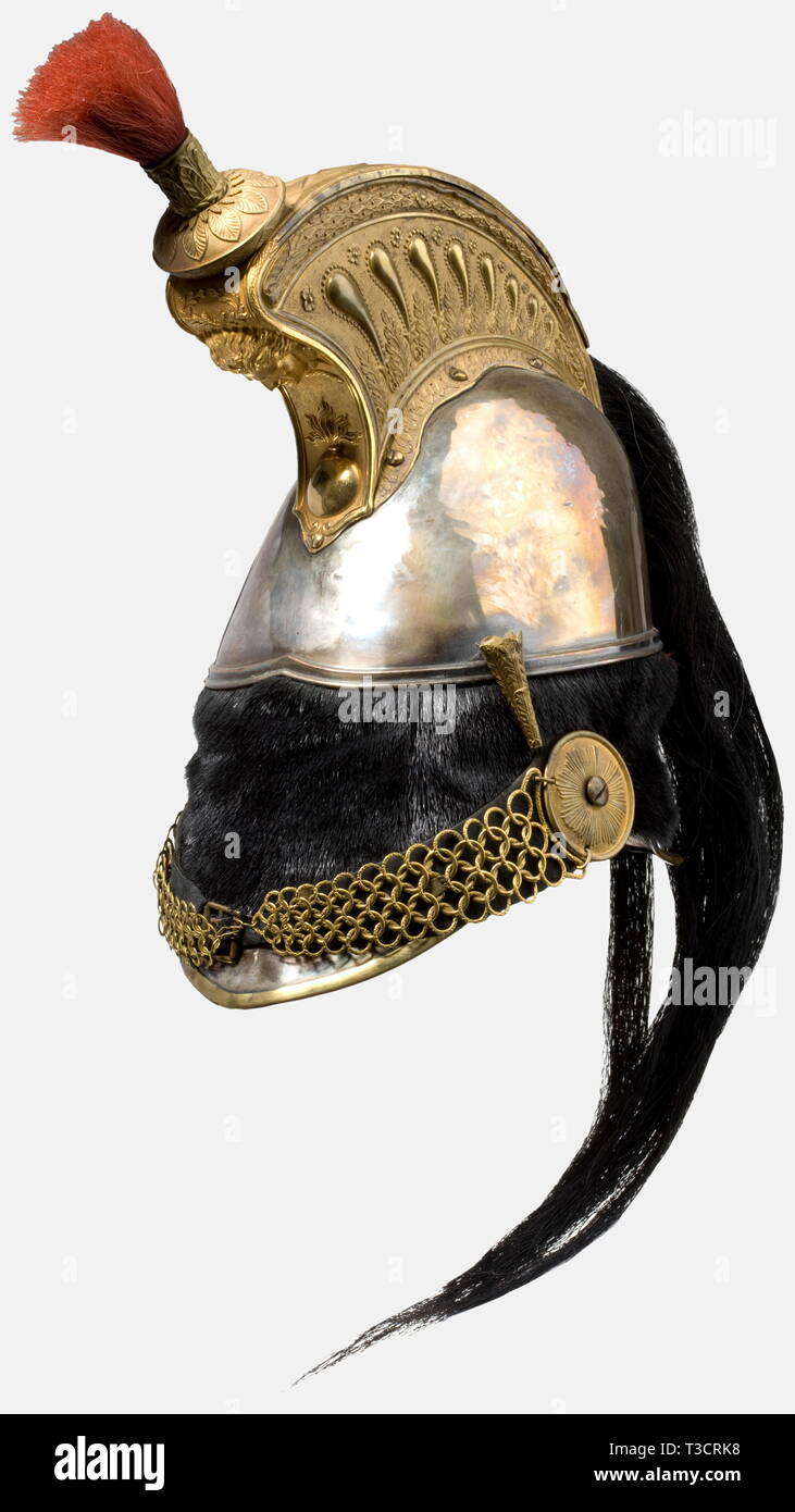 A model helmet for a cuirassier officer, reign of Louis-Philippe 1830 -  1848 A cuirassier helmet with a silver-plated skull stamped "20" and  "Joubli(?) - AD", stamped gilded mountings, black fur turban,