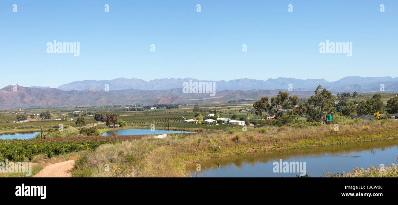 Panorama overview of Robertson Wine Valley, Route 62, Western Cape Winelands, looking to the Riviersonderend Mountains, South Africa Stock Photo