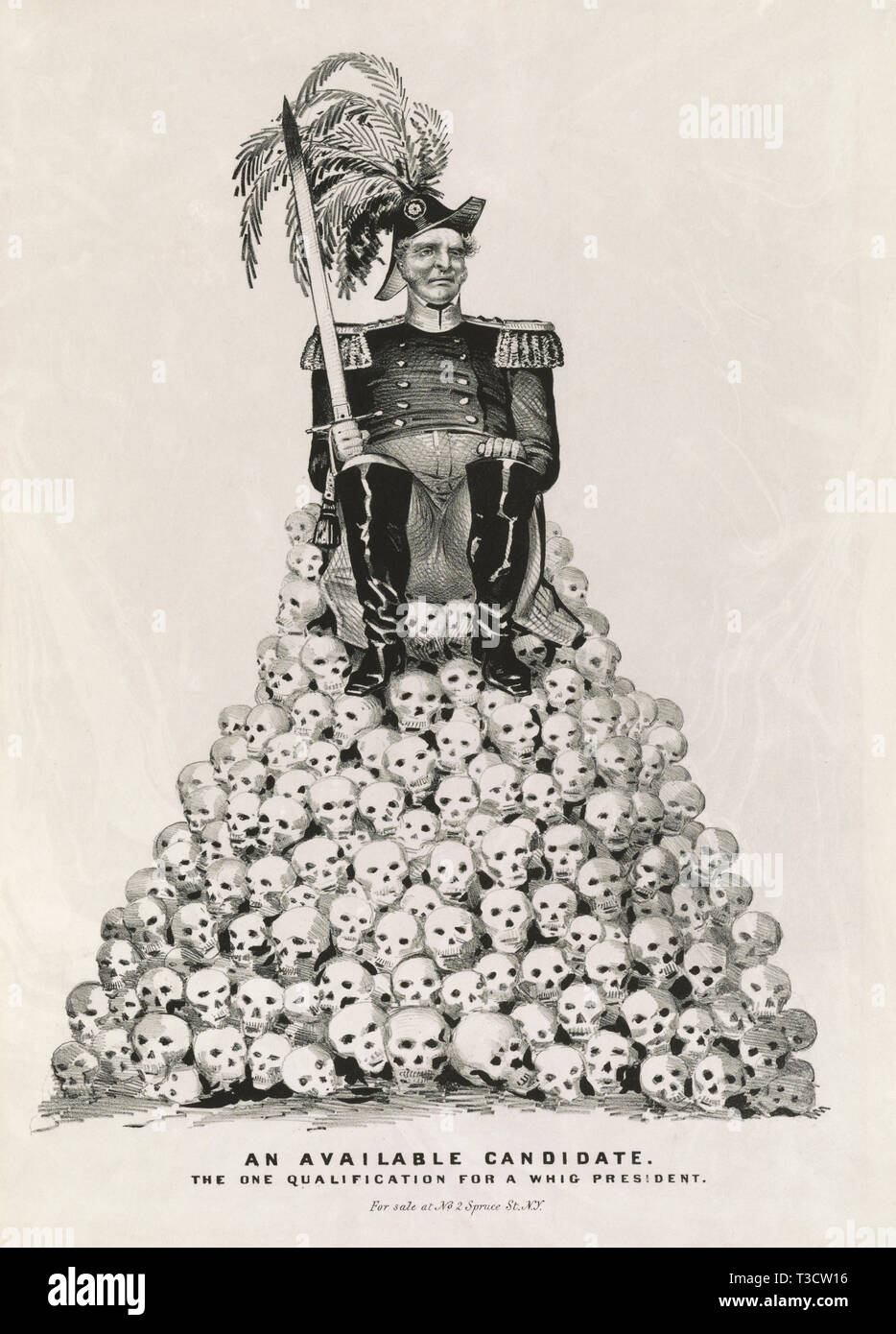 An Available Candidate--the one Qualification for a Whig President, Man in Military Uniform, either Zachary Taylor or Winfield Scott who were both Contenders for the Whig Nomination, Holding a Blood-Stained Sword while Seated on Pile of Skulls, Political Cartoon, Nathaniel Currier, 1848 Stock Photo