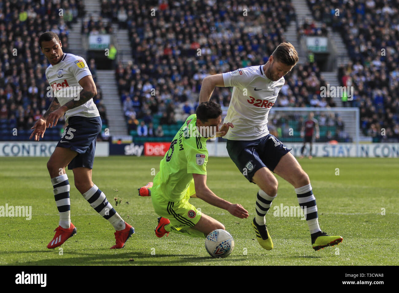 6th April 2019 , Deepdale, Preston, England; Sky Bet Championship, Preston North End vs Sheffield United ;  Chris Basham (06) of Sheffield United appeals for a penalty but referee Gavin Ward says no   Credit: Mark Cosgrove/News Images  English Football League images are subject to DataCo Licence Stock Photo