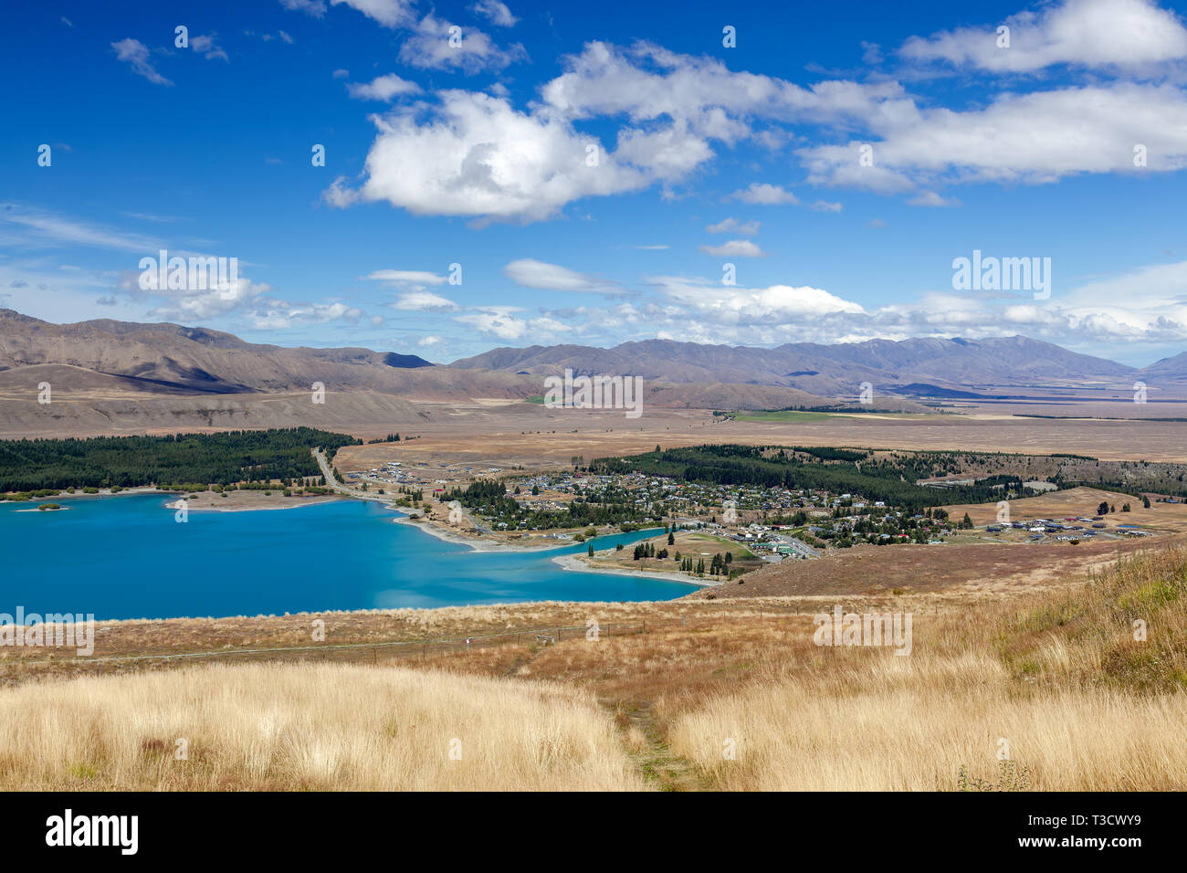 Distant view of the town of Tekapo on the shore of Lake Tekapo Stock Photo
