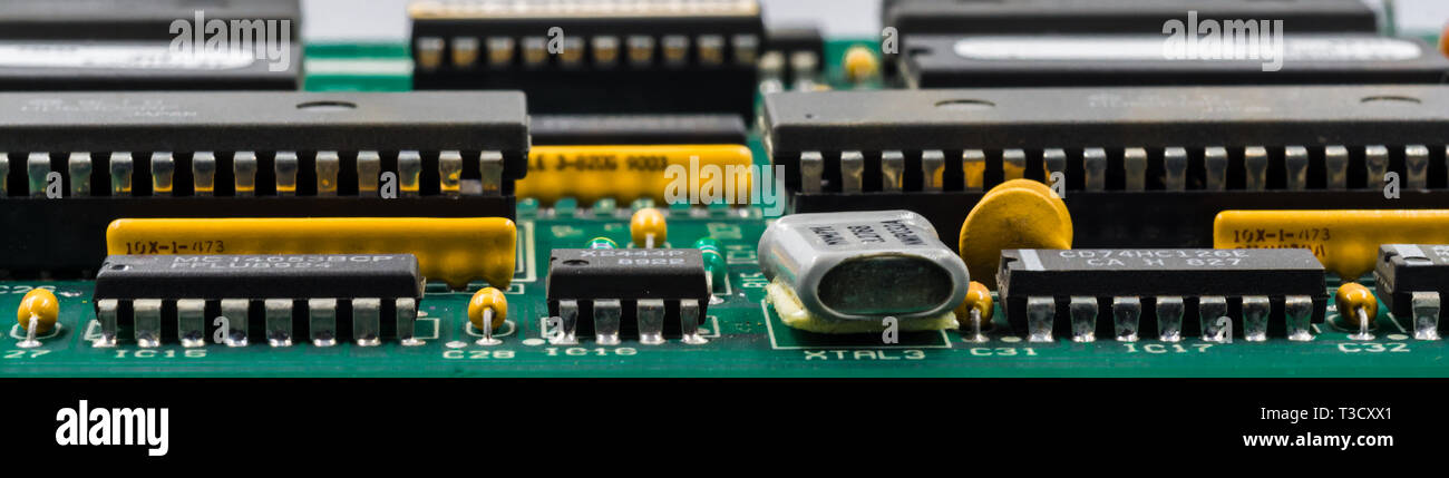 Computer mother board components showing close up of tiny parts in ...