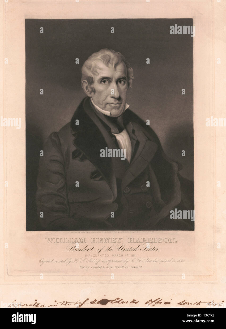 William Henry Harrison, President of the United States, Inaugurated March 4th 1841, painted by E. D. Marchant, Engraved on Steel by H.S. Sadd, 1841 Stock Photo