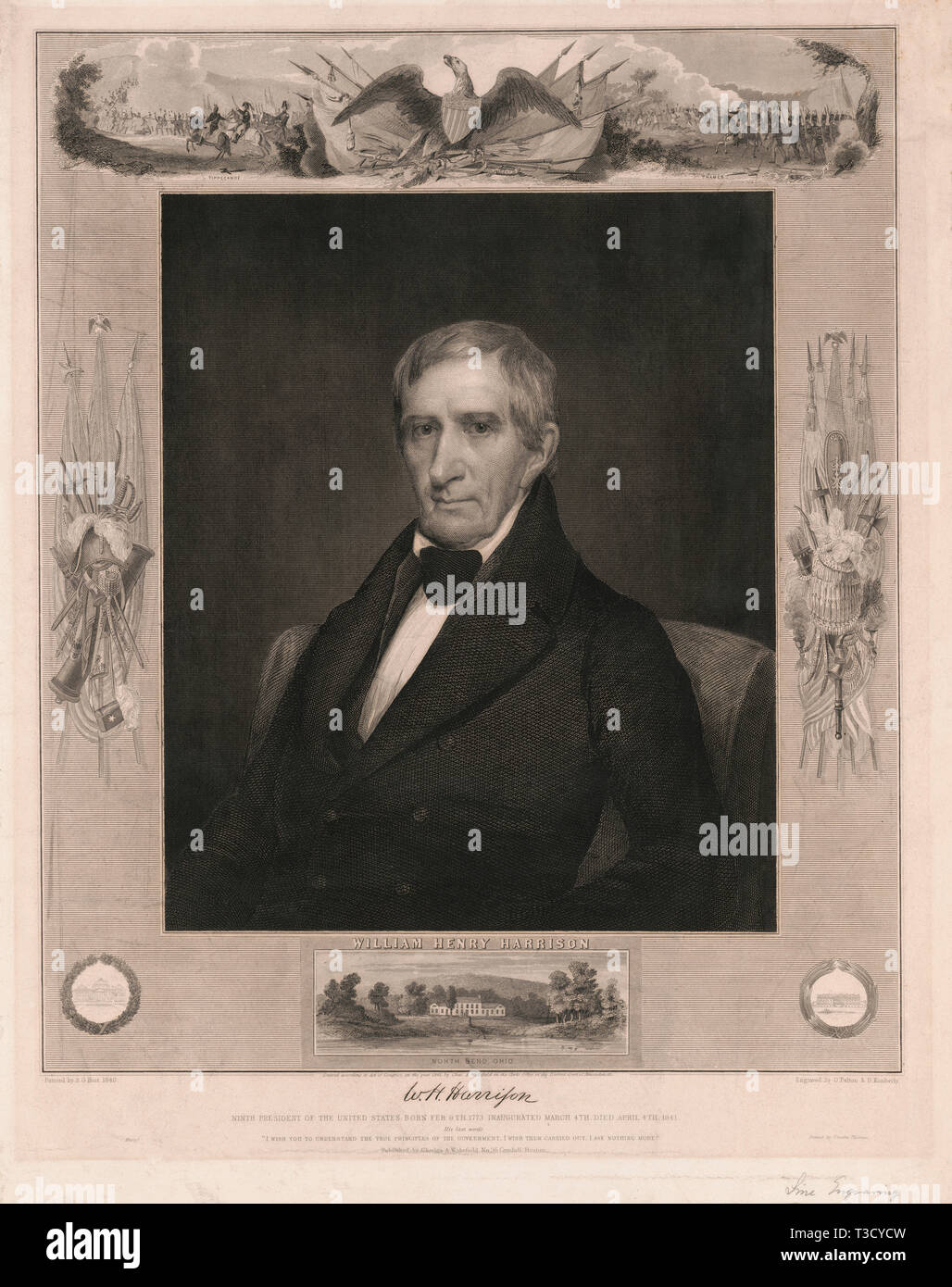 William Henry Harrison, North Bend, Ohio, Engraved by O. Pelton & D. Kimberly from an 1840 Painting by A.G. Hoit, Charles A. Wakefield Publ., 1841 Stock Photo