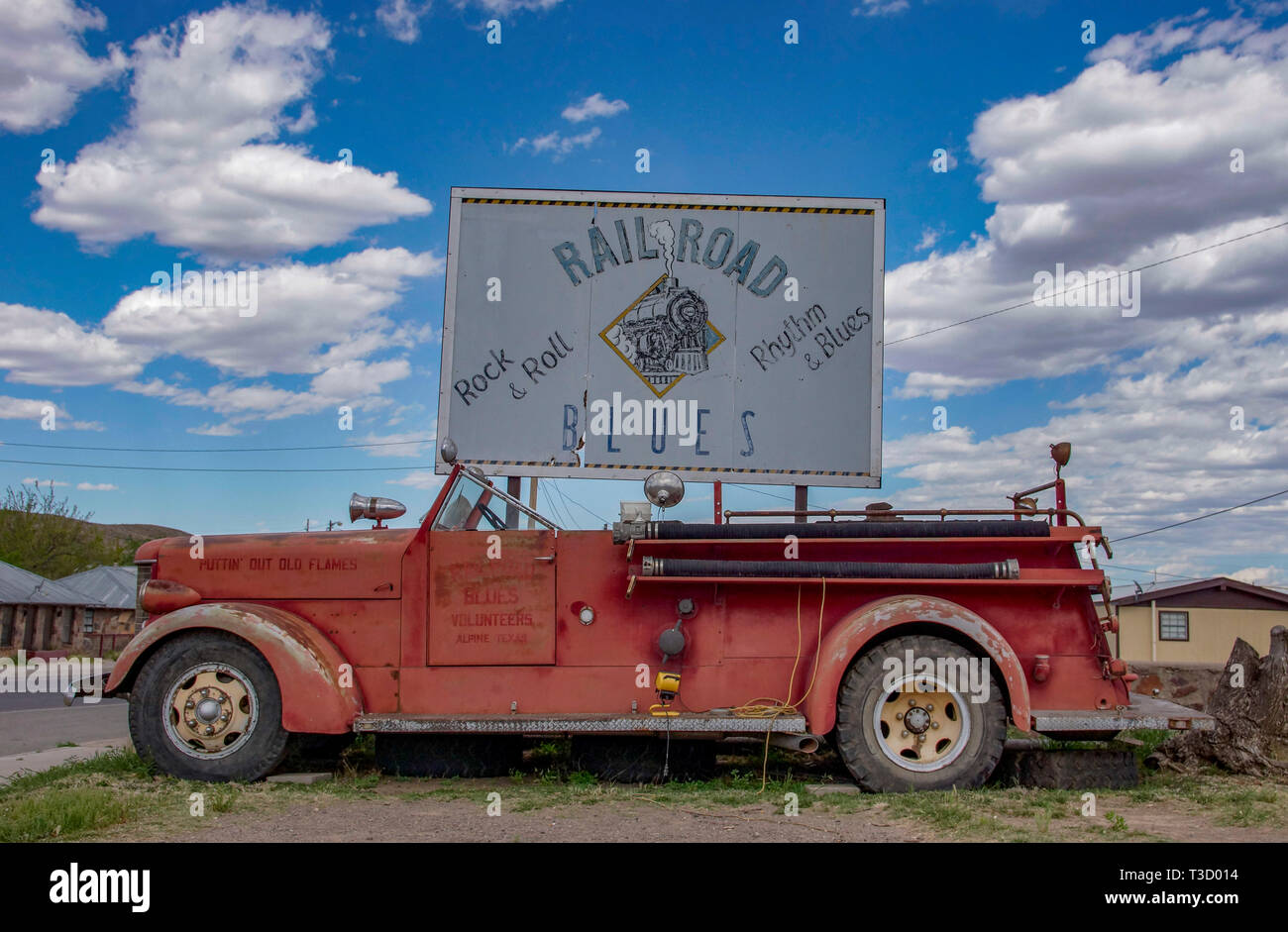 Vintage fire trcuck on display in Alpine, Texas, as a tourist attraction. Stock Photo