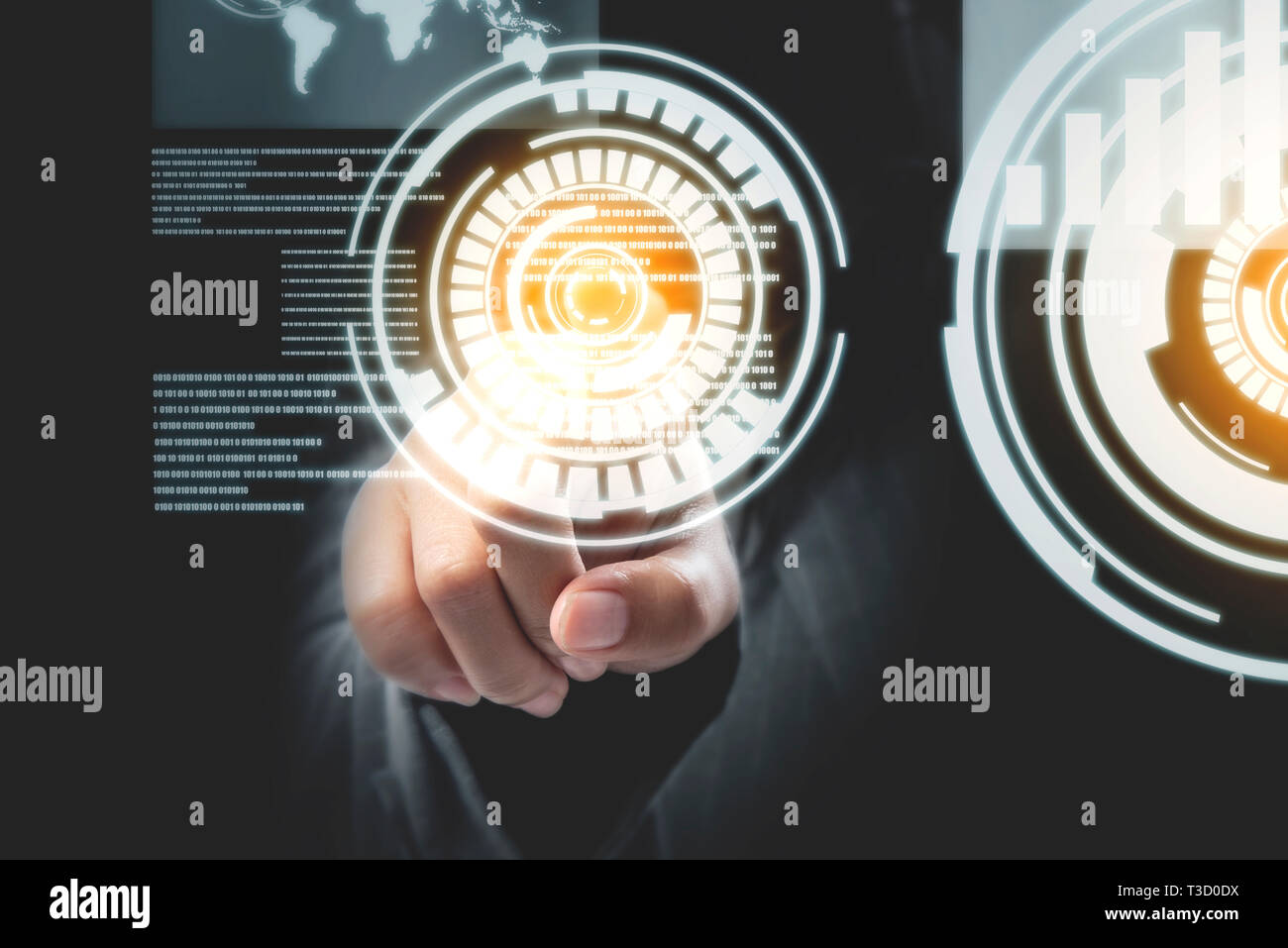 Closeup view of business woman touch a circle on virtual screen which display the interface of world maps and binary code. Digital technology concept Stock Photo