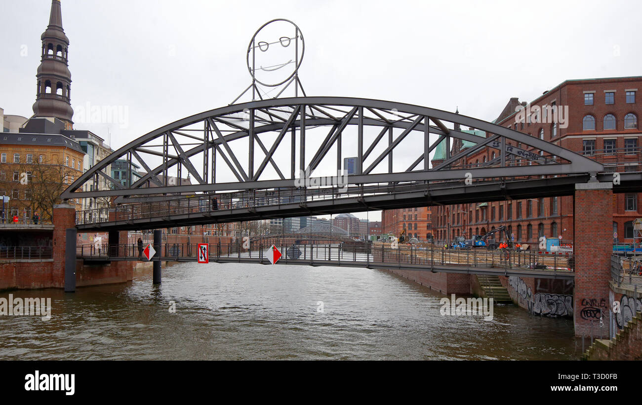 Public Face on the Kibbelstegbrücke gauging the mood of the people in HafenCity using facial recognition software applied to cctv surveillance footage Stock Photo