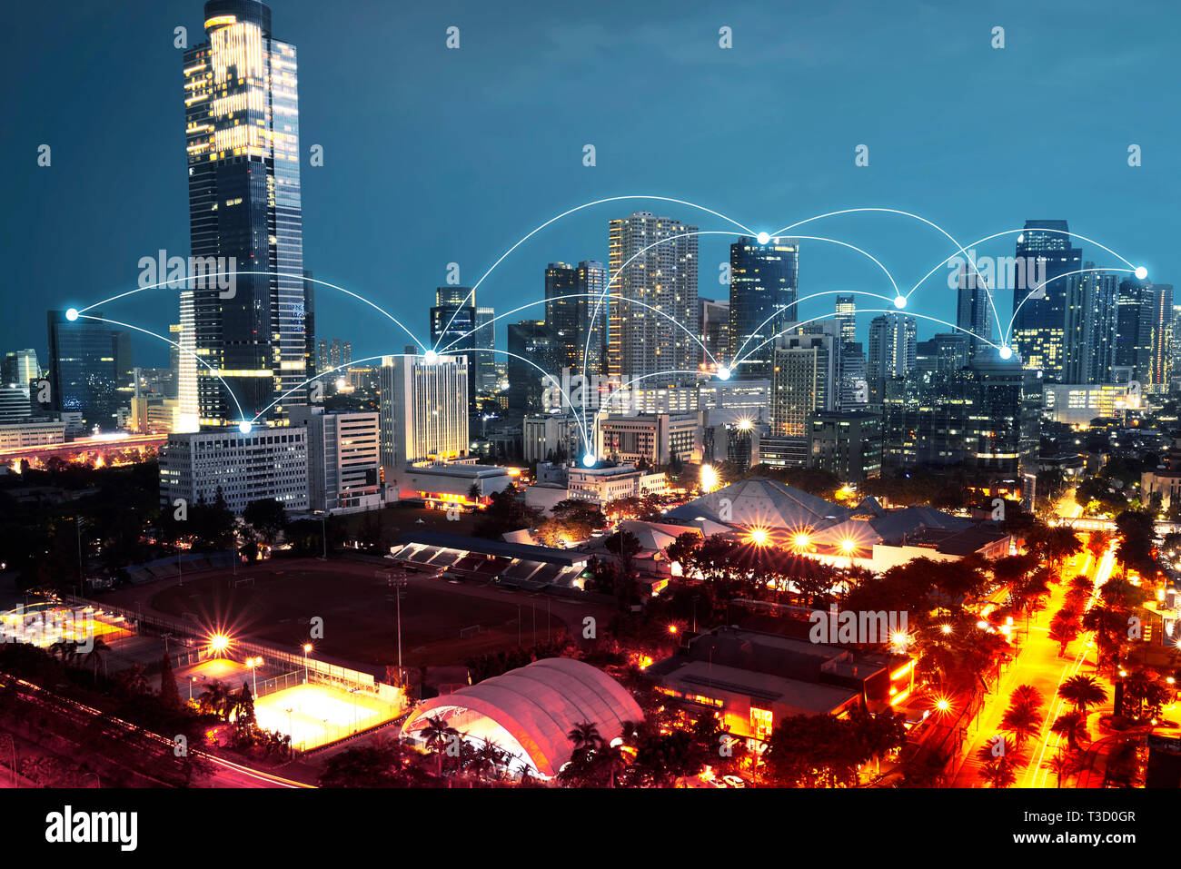 Modern city with internet and communication network over night scene background Stock Photo