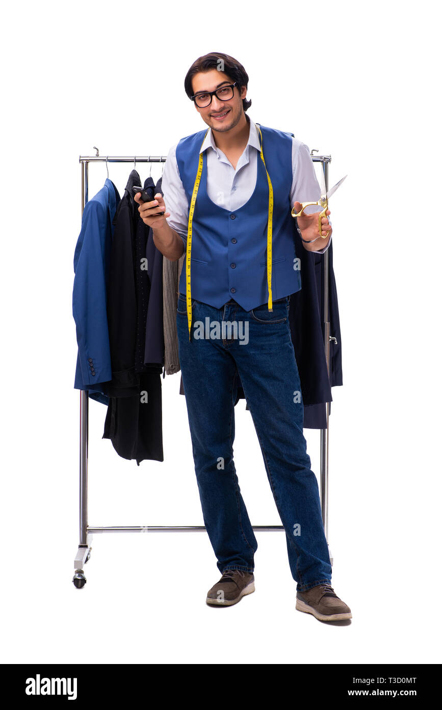 Young tailor isolated on white Stock Photo