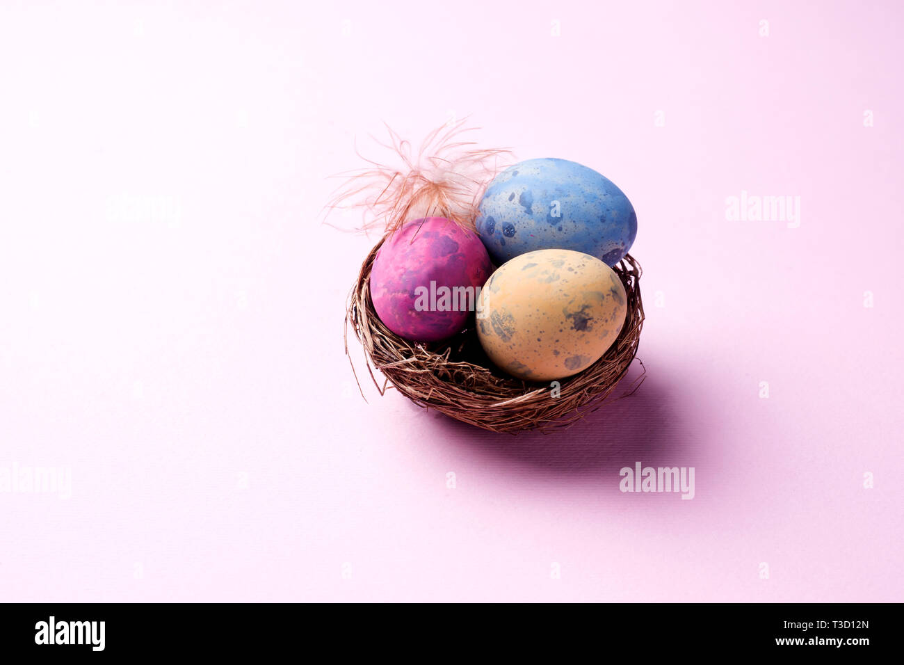 Colorful easter egg in the nest on pink background with copy space ...