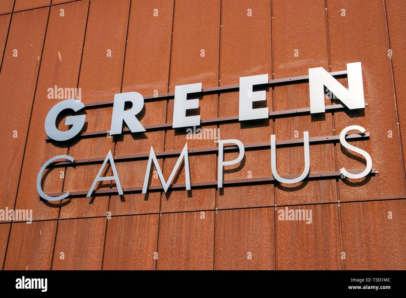 Green campus sign at the Lappeenranta University of Technology, Finland Stock Photo