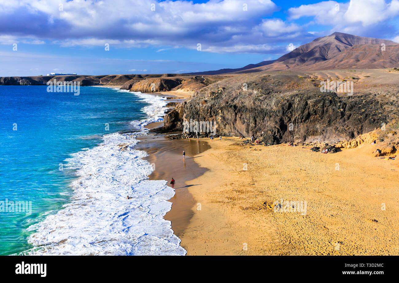 Baeautiful sea and mountains in Playa de Papagayo,Lanzarote island,Spain. Stock Photo