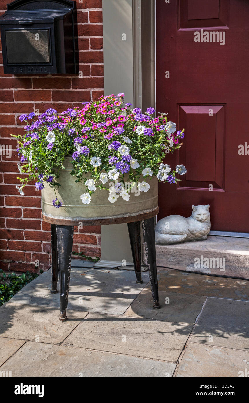 Old wash basin filled with petunia flowers on a front door step
