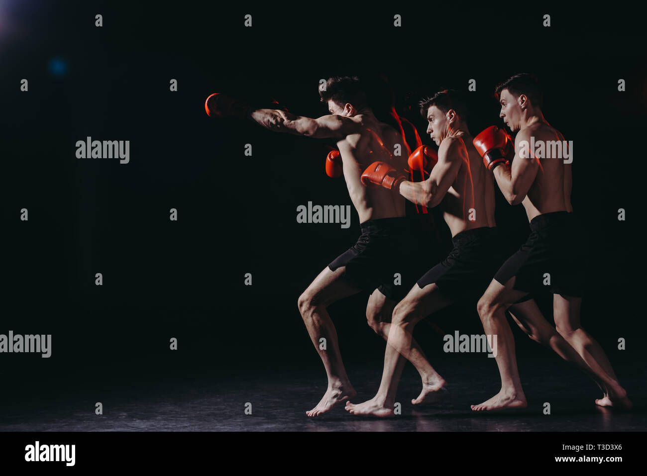 sequence shot of strong shirtless muscular boxer in boxing gloves doing