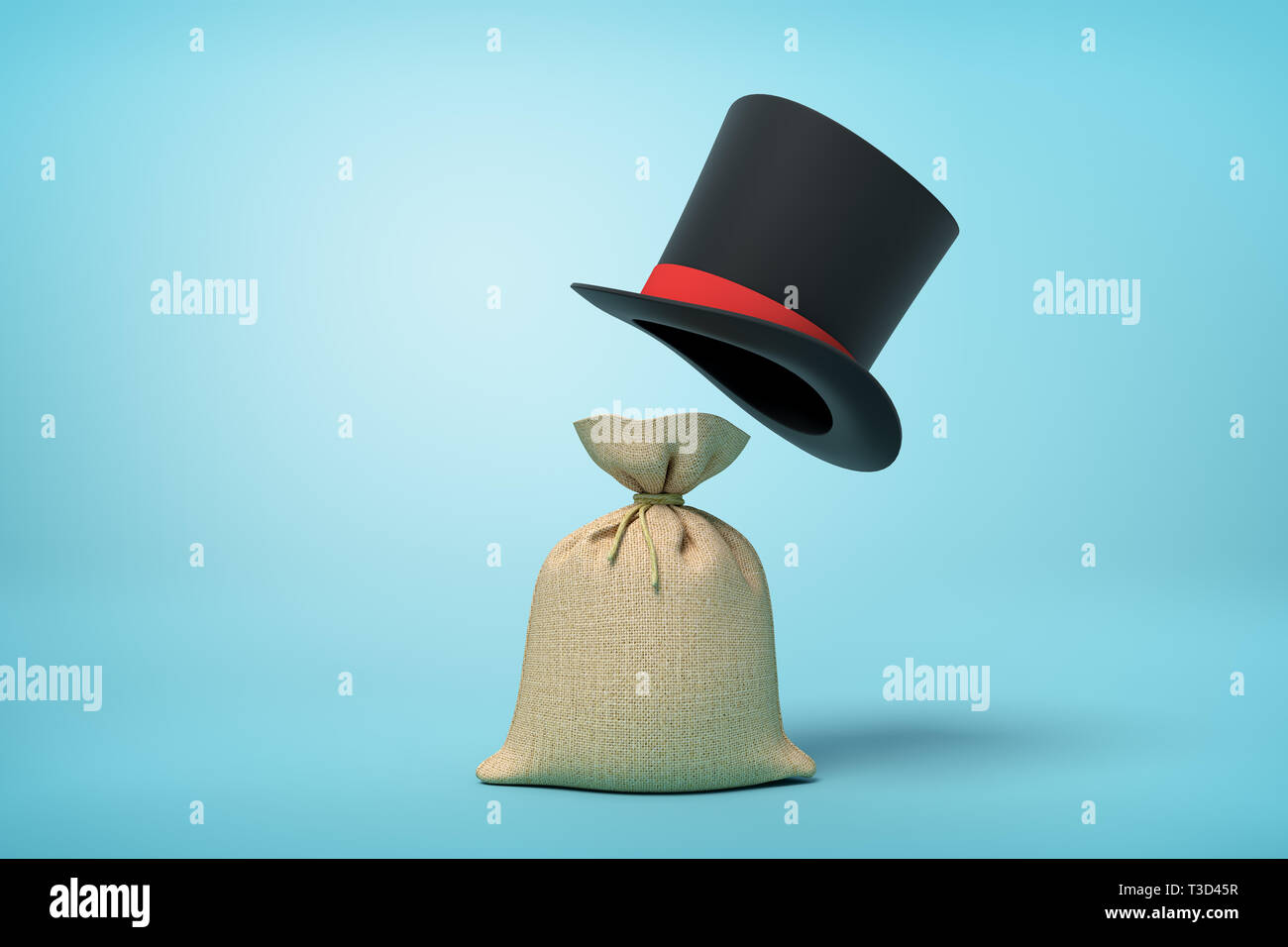 3d rendering of light-brown canvas money sack and big black tophat floating in air above it on light blue background. Stock Photo