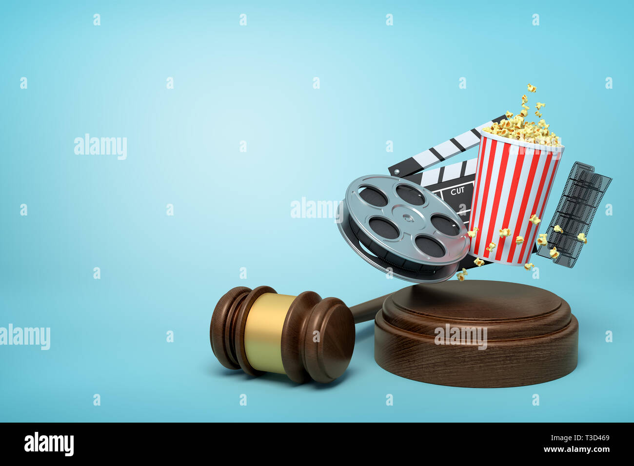 3d rendering of film reel, popcorn bucket, and clapperboard suspended in air above sound block with gavel beside on blue background with copy space. Stock Photo
