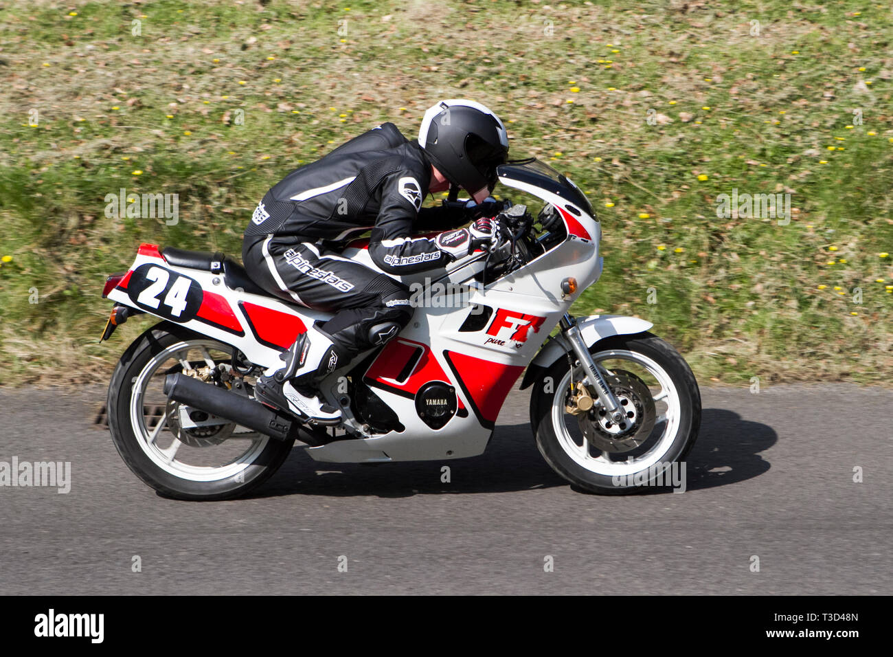 Chorley, Lancashire, UK. April, 2019. Hoghton Tower 43rd Motorcycle Sprint. Rider 24 Terry Walker from Ulverston riding a 1987 600cc Yamaha FX Stock Photo