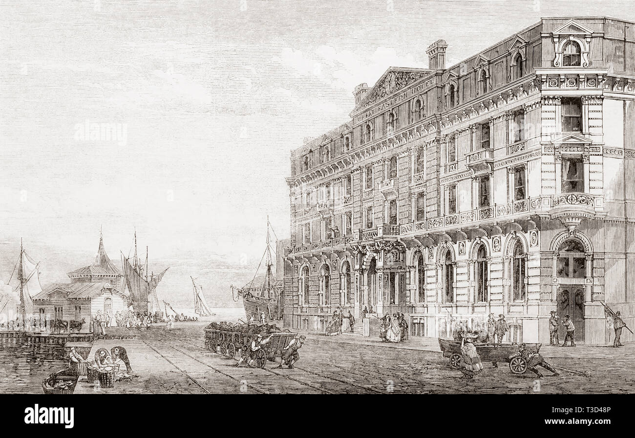 The Great Eastern railway terminus and hotel at Parkeston Quay, Harwich, Essex, England, seen here in the late 19th century.  From The Illustrated London News, published 1865. Stock Photo