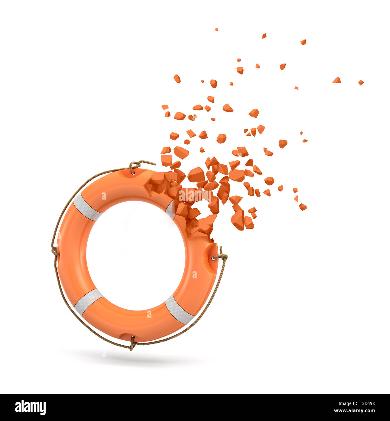 3d Rendering Of An Orange Life Buoy In The Air Starting To Break Into Pieces And Disappear On White Background Stock Photo Alamy