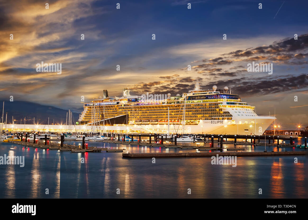 Cruise Ship in port at night Stock Photo - Alamy