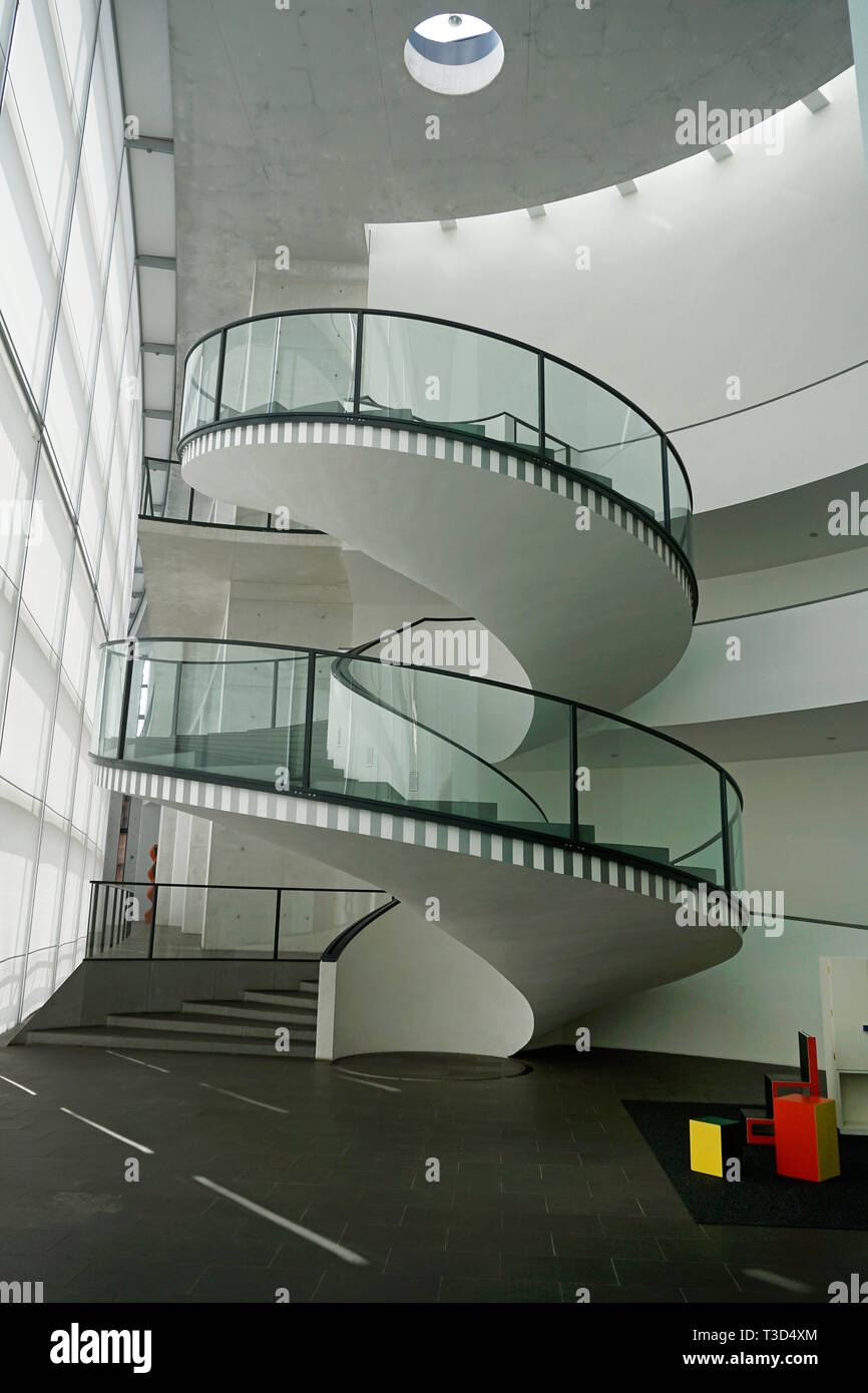 Circular stairs, inside of New Museum, museum of art and design, Klarissen place, old town of Nuremberg, Franconia, Bavaria, Germany Stock Photo