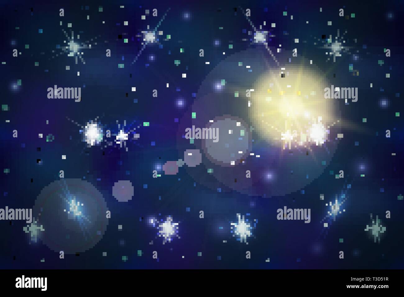 Wide blue deep space background with bright stars and lens flare Stock Vector