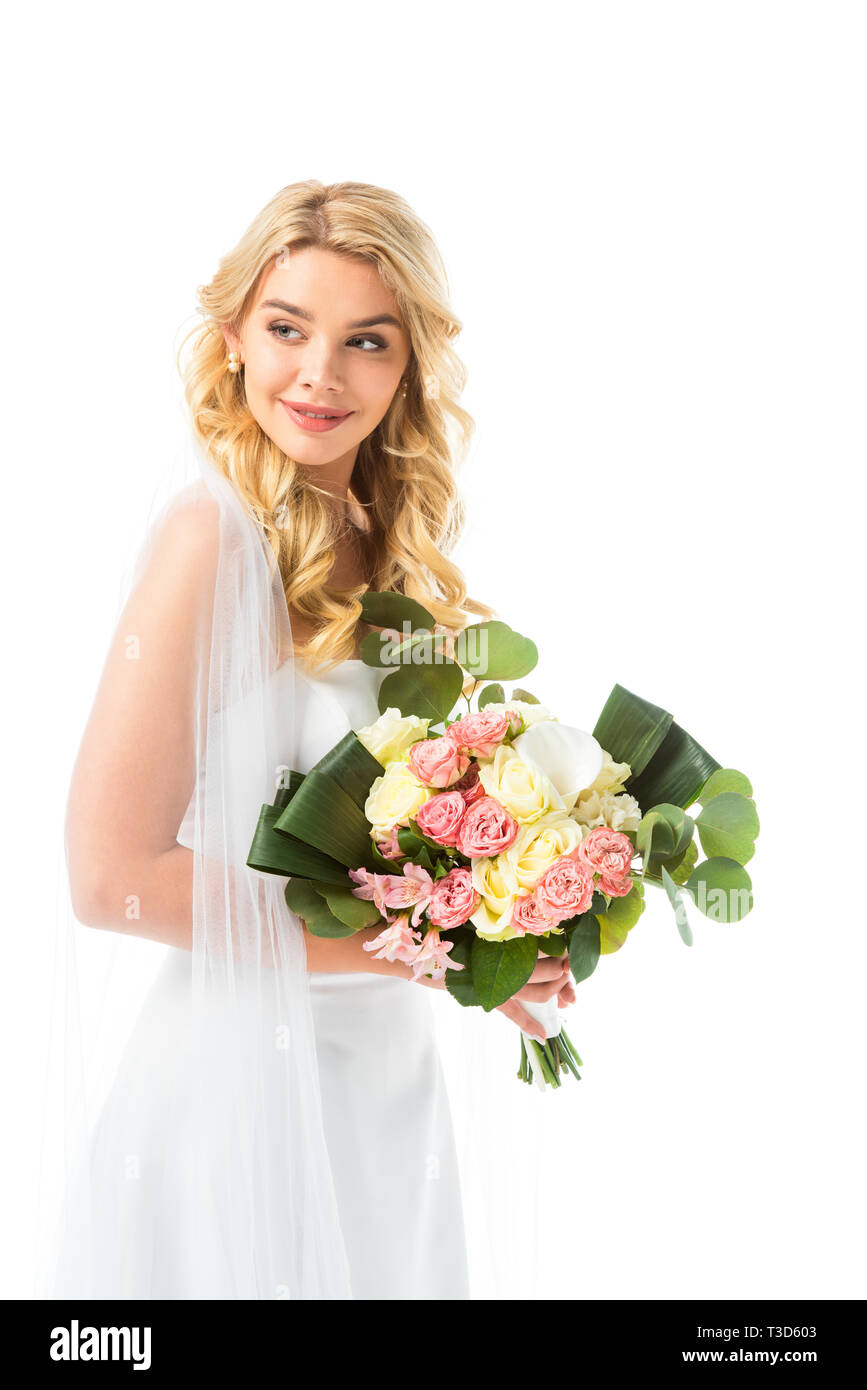beautiful bride in elegant white dress holding wedding bouquet isolated ...