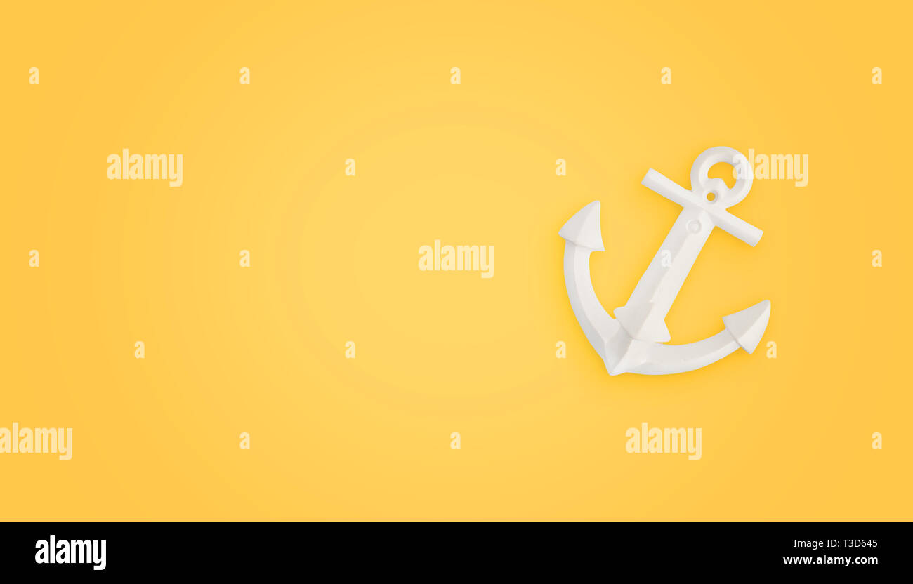 White boat anchor on yellow background with copy space beside. Concept of successful connection, attach. Stock Photo