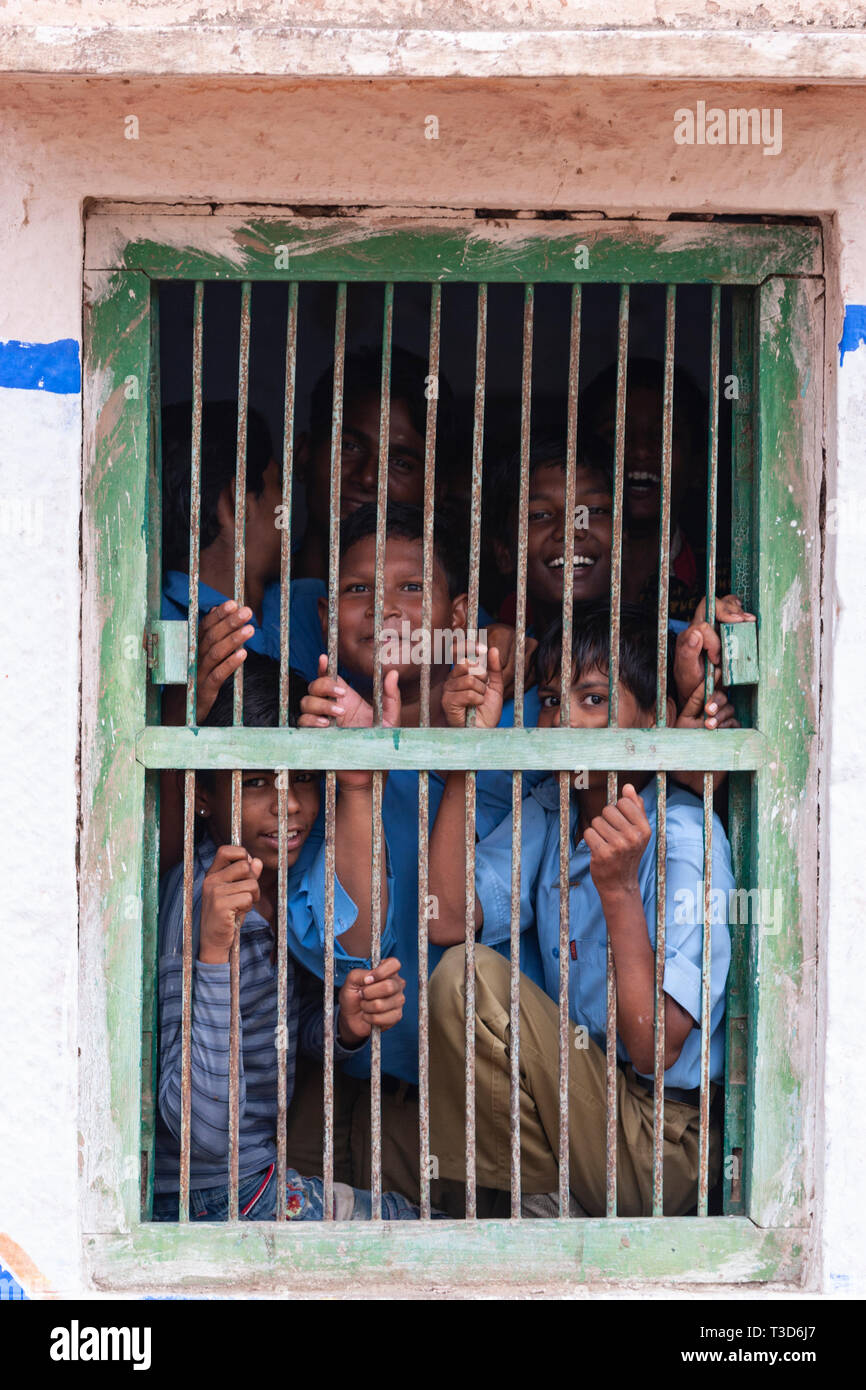 Group of students behind a windows with bars in Rajasthan, India Stock ...