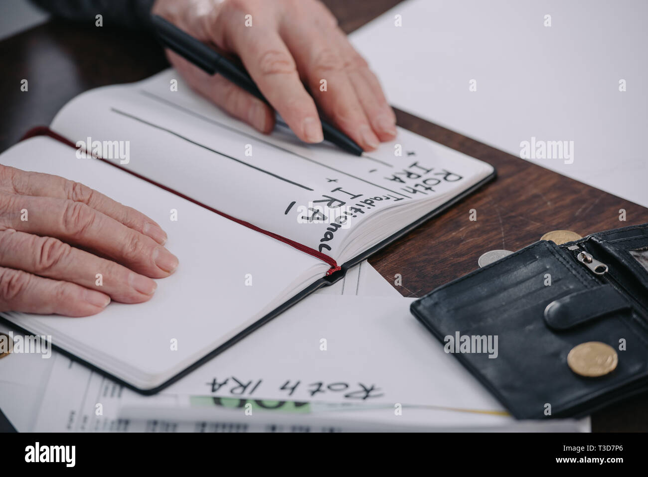 cropped view of senior woman holding pen near notebook with roth ira and traditional ira words Stock Photo