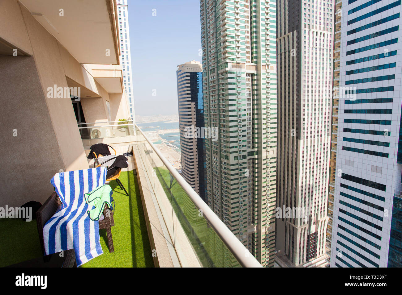 balcony at Dubai city skyscraper. UAE Stock Photo