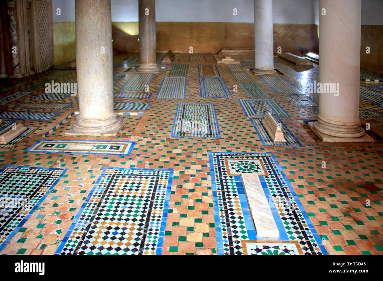 Interior of the beautifully decorated Saadien Tombs (Les Tombeaux Saadiens) in Marrakech, Morocco, a popular tourist attraction Stock Photo