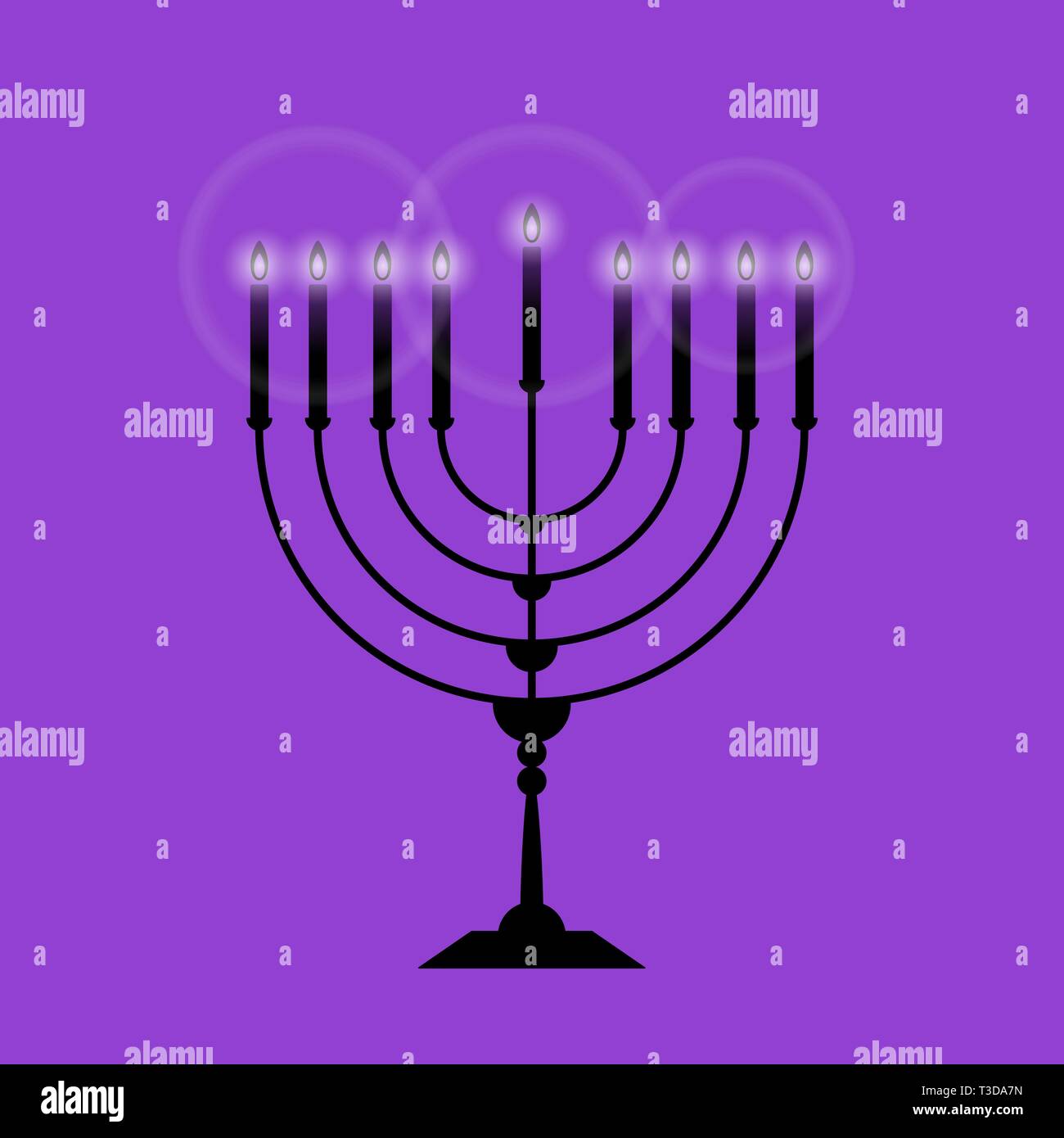 Black Menorah with nine glowing candles is isolated on the purple background a illustration for Hanukkah. The concept is Religion icon. Stock Vector