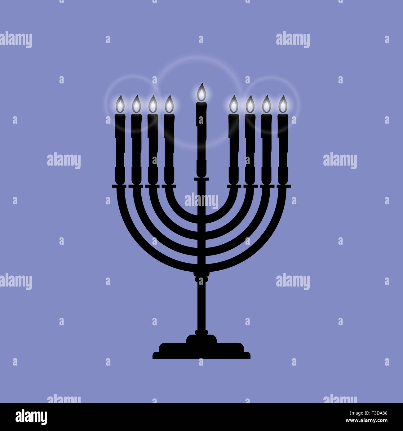Black Menorah with nine shining candles is isolated on the blue