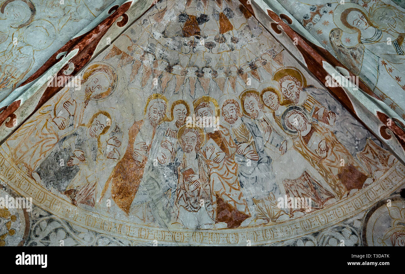 Descent of the Holy Spirit upon the Apostles. Gothic Fresco in Fjelie church, Sweden, Jan 07, 2015, Stock Photo