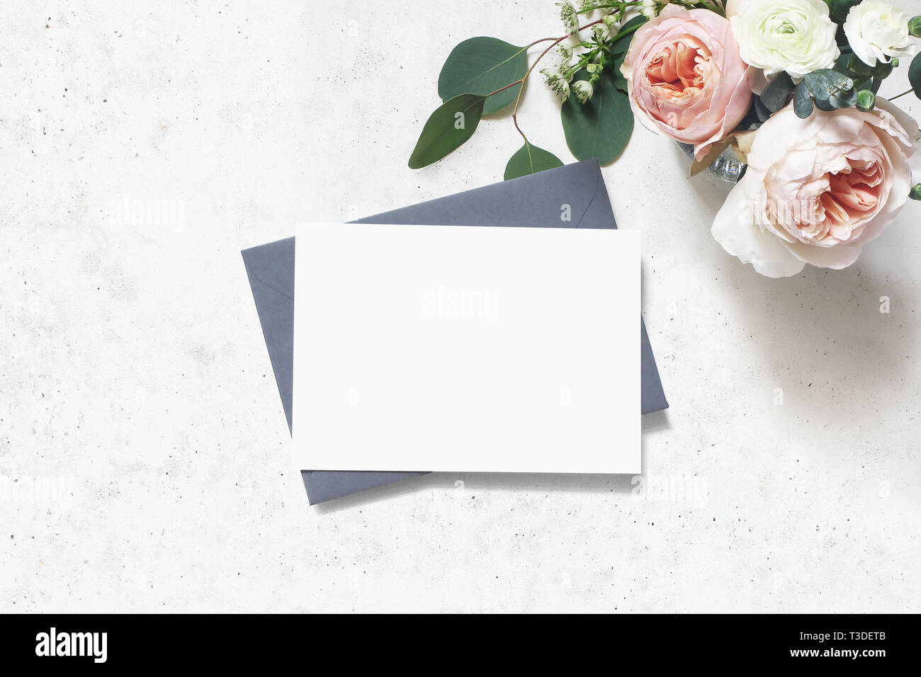 Feminine Wedding Birthday Mock Up Scene Blank Paper Greeting Card Envelope Bouquet Of Eucalyptus Leaves Blush Pink English Roses And Ranunculus F Stock Photo Alamy