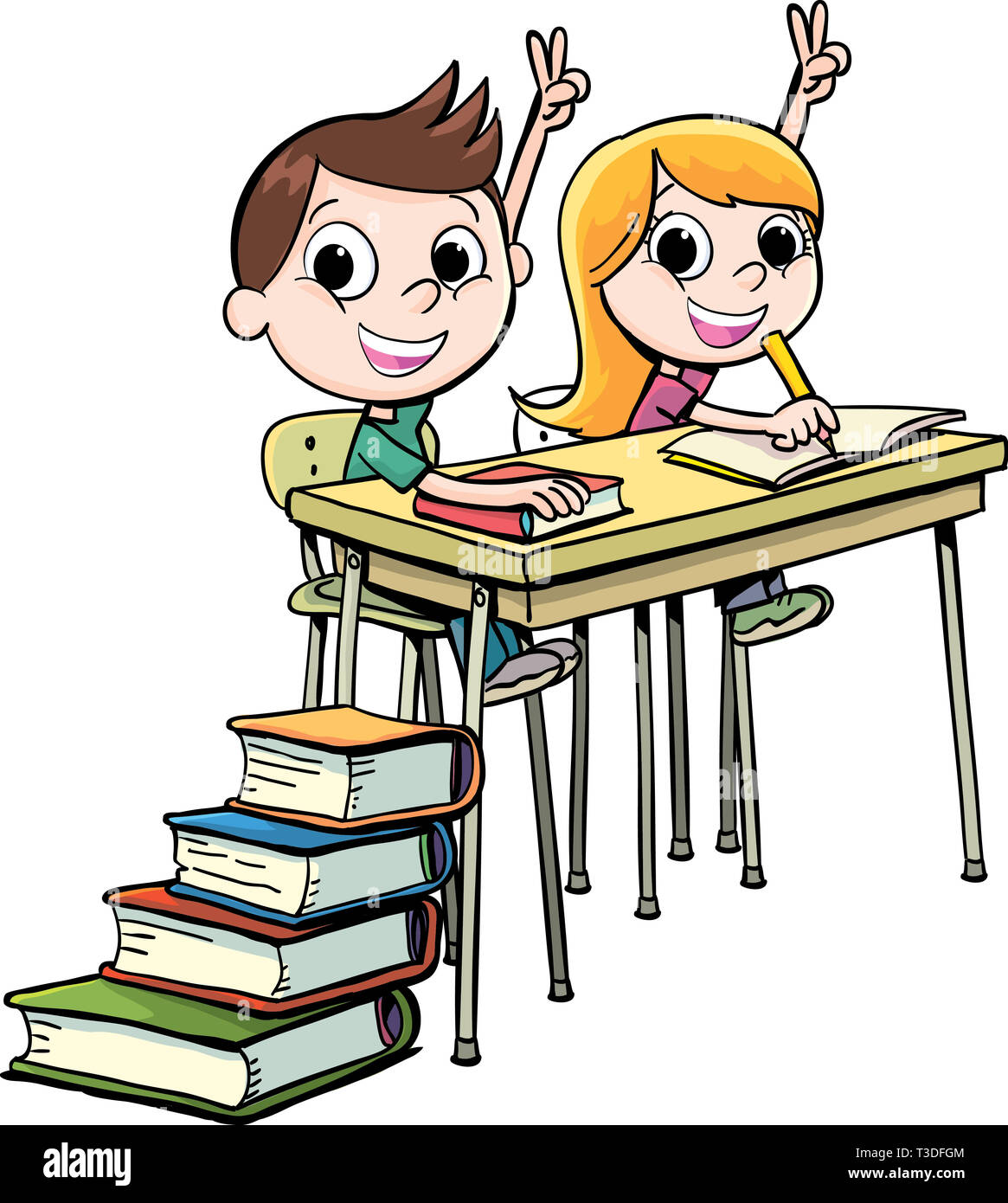 boy and a girl sitting in a school bench next to them are stacked books