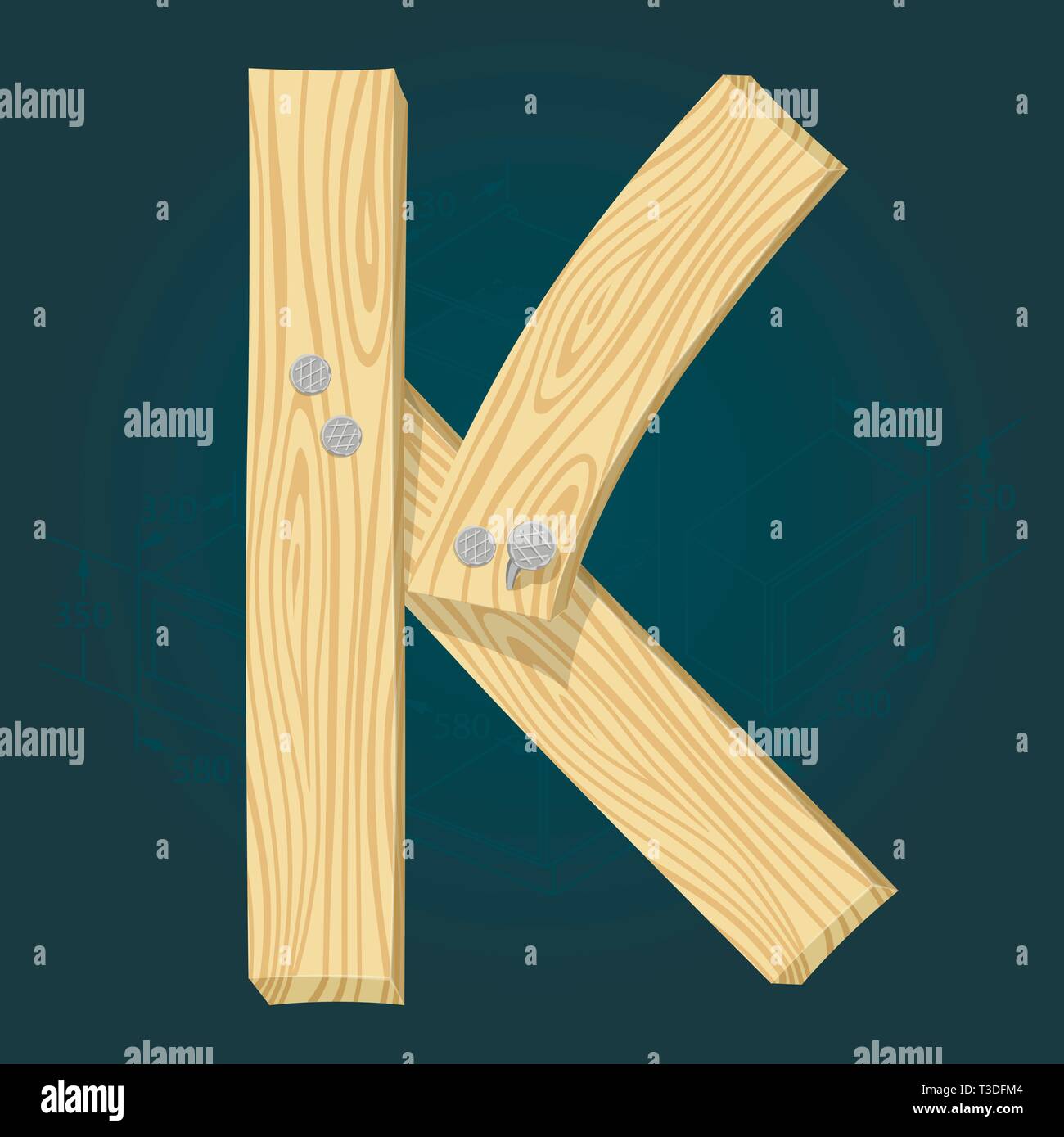 Letter K - stylized vector font made from wooden planks hammered with iron nails. Stock Vector