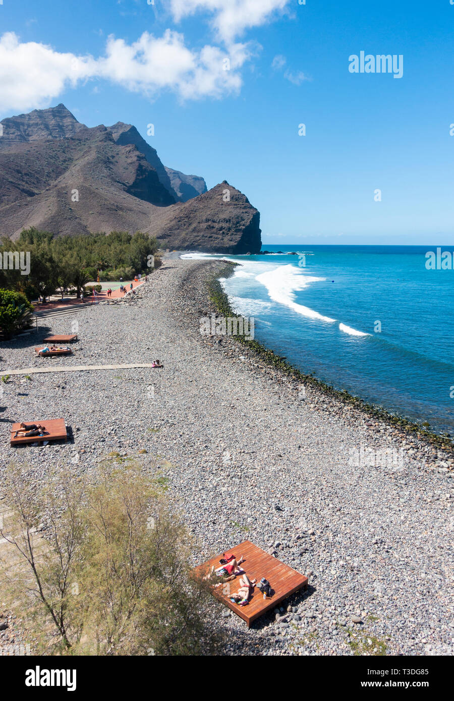 View over beach at La Aldea de San Nicolas on the rugged west coast of Gran Canaria, Canary Islands, Spain Stock Photo