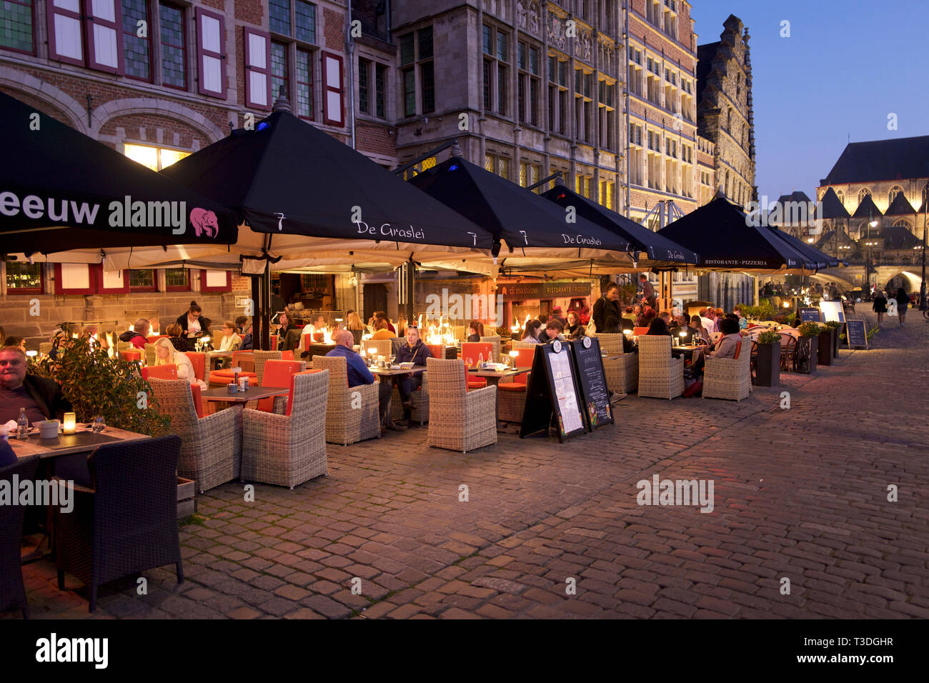 Restaurants by the River Leie, Ghent, Belgium Stock Photo