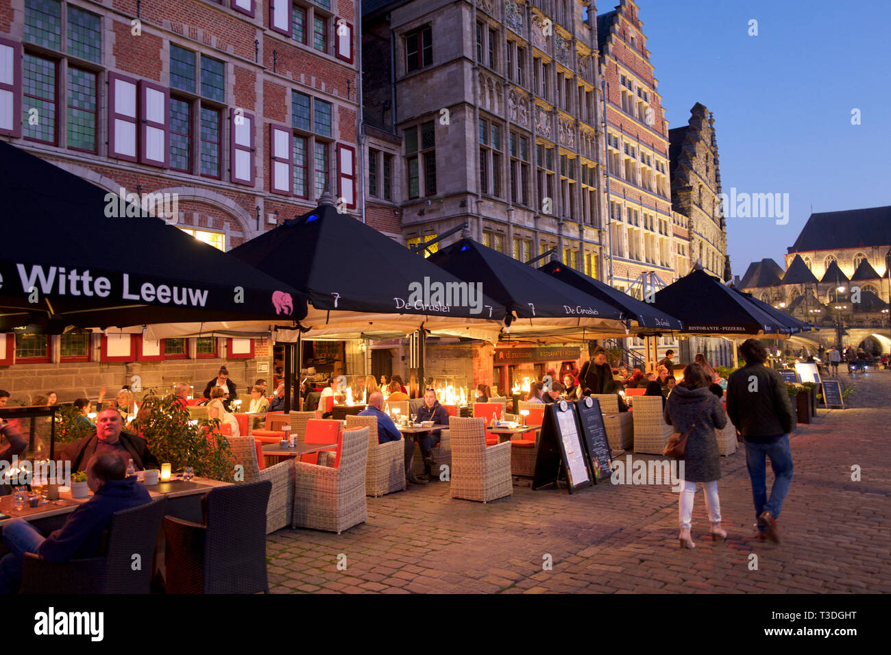 Restaurants by the River Leie, Ghent, Belgium Stock Photo