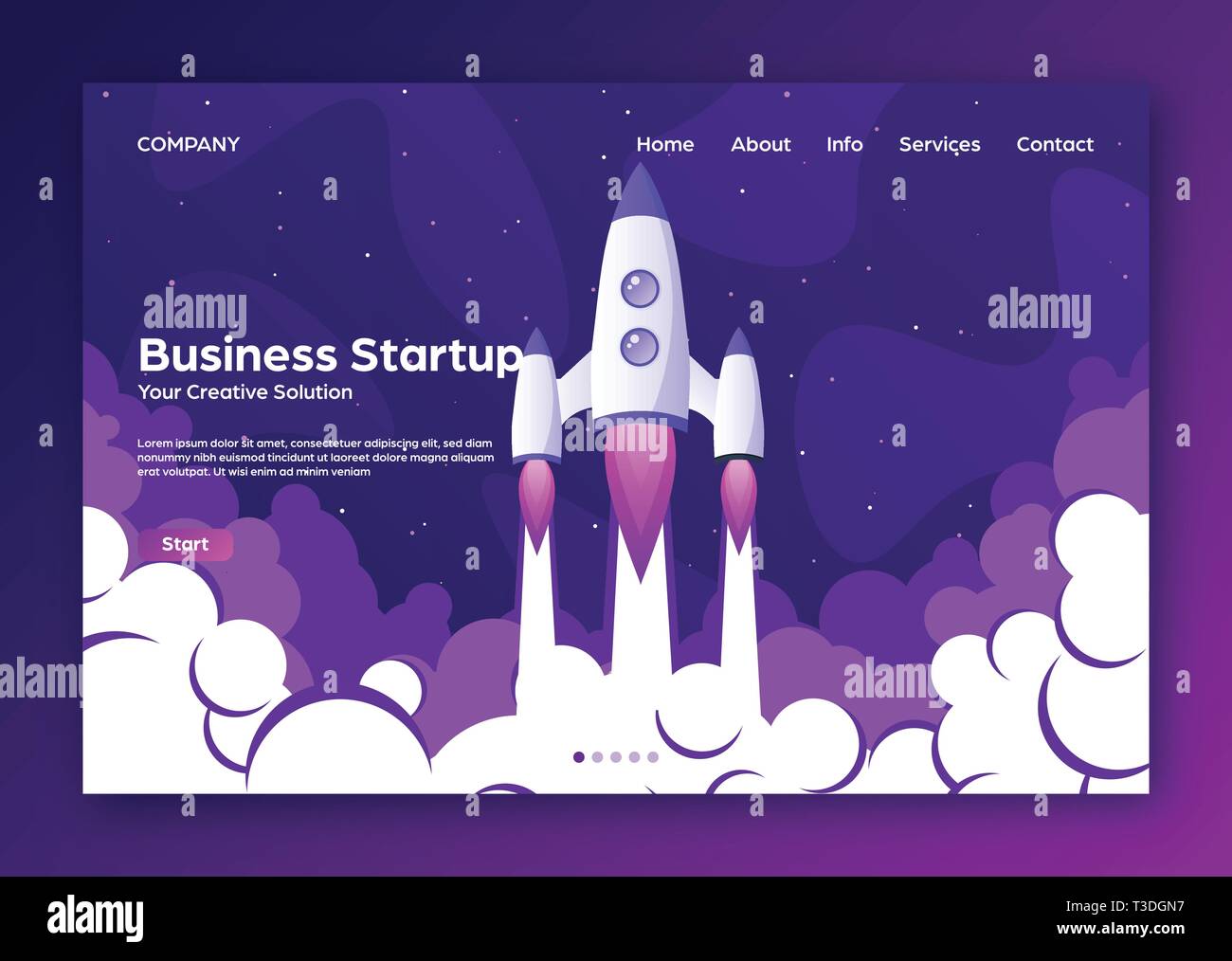Website landing home page with rocket. Business project startup and development modern flat background. Mobile web design template. Space travel on a Stock Vector