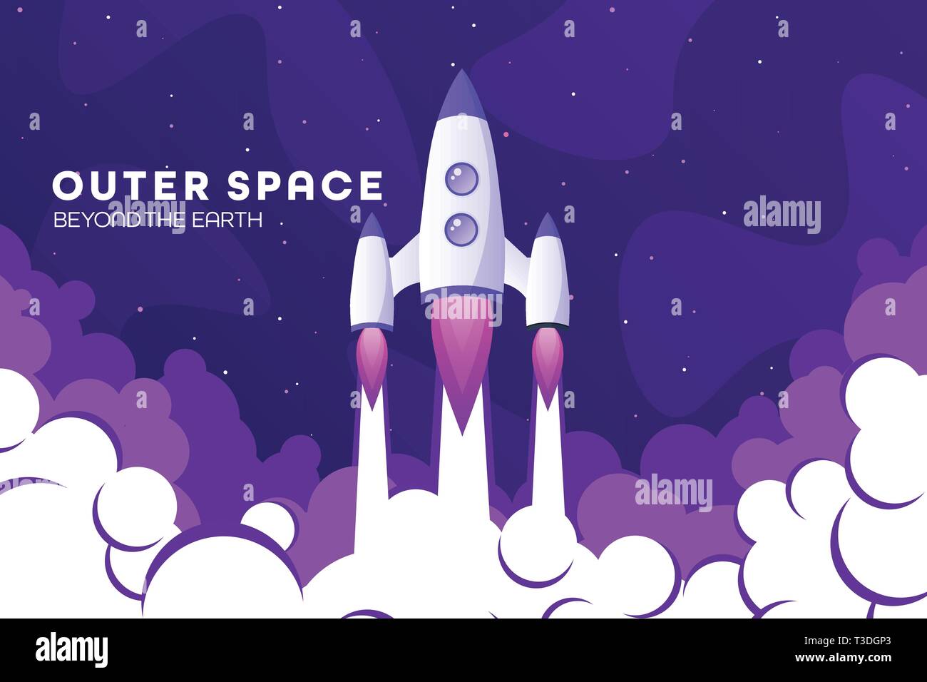 Space futuristic modern colorful background with rocket. Starship, spaceship in night sky. Solar system, galaxy and universe exploration. Vector Stock Vector