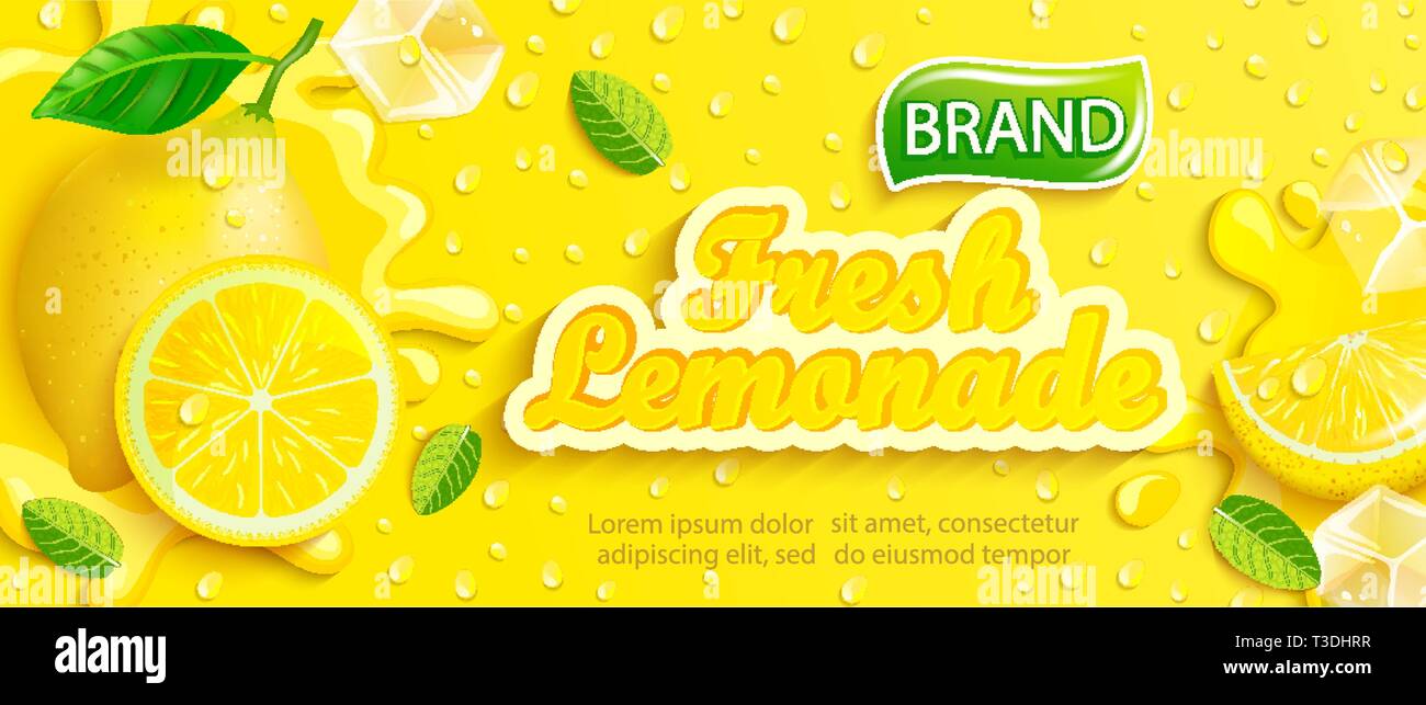 Fresh lemonade with lemon, splash, apteitic drops from condensation, fruit slice, ice cubes on gradient yellow background for brand,logo, template,lab Stock Vector