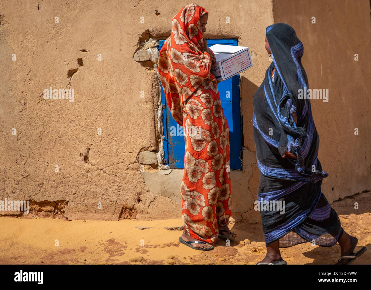 Kerma, Sudan, February 10., 2019: Two Sudanese women, one in a blue dress, one in a red dress, talking in front of a mud hut in a desert village. Stock Photo