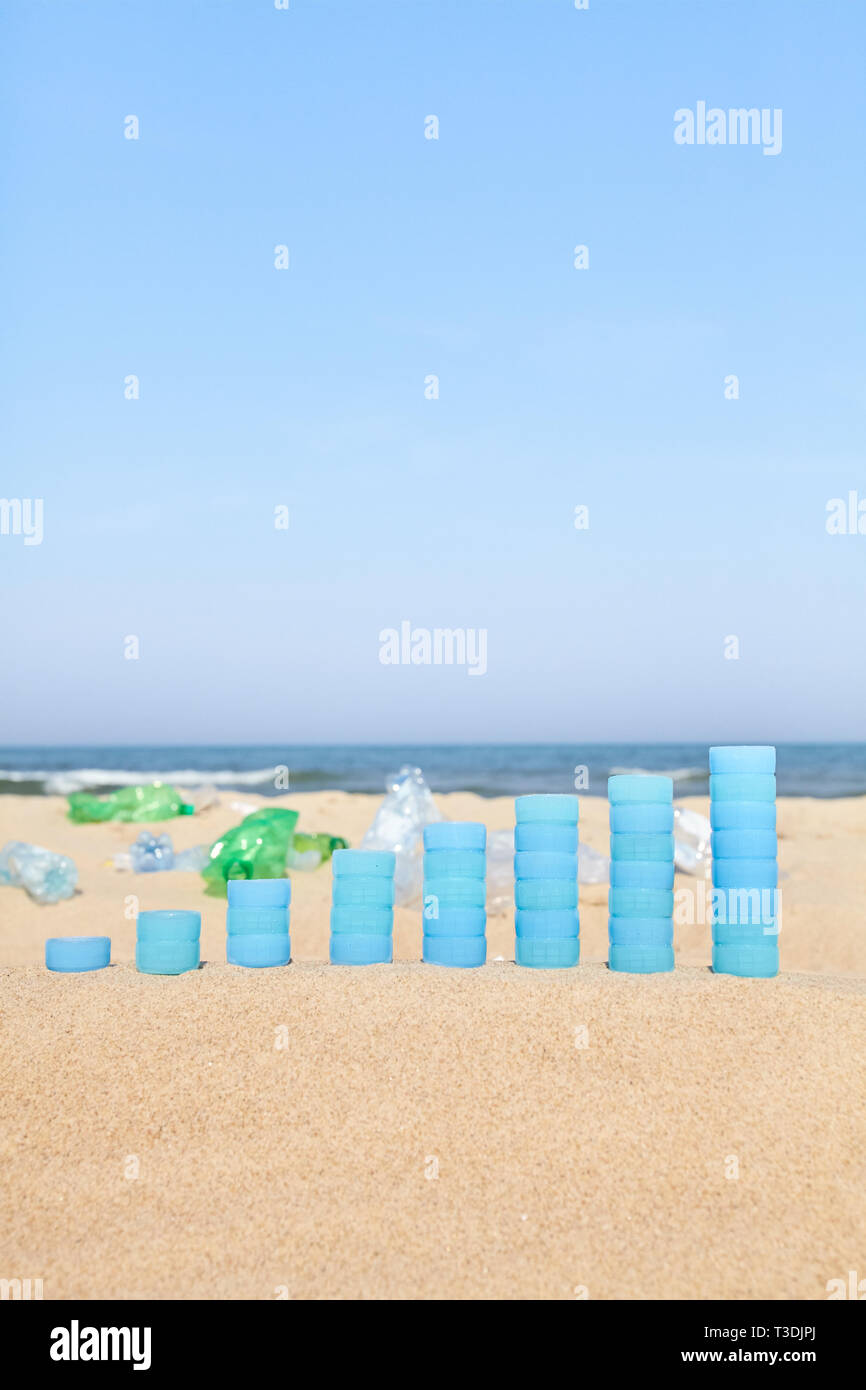 Chart made of plastic bottles caps on sand showing the increase in single use plastic products found on European beaches. Stock Photo