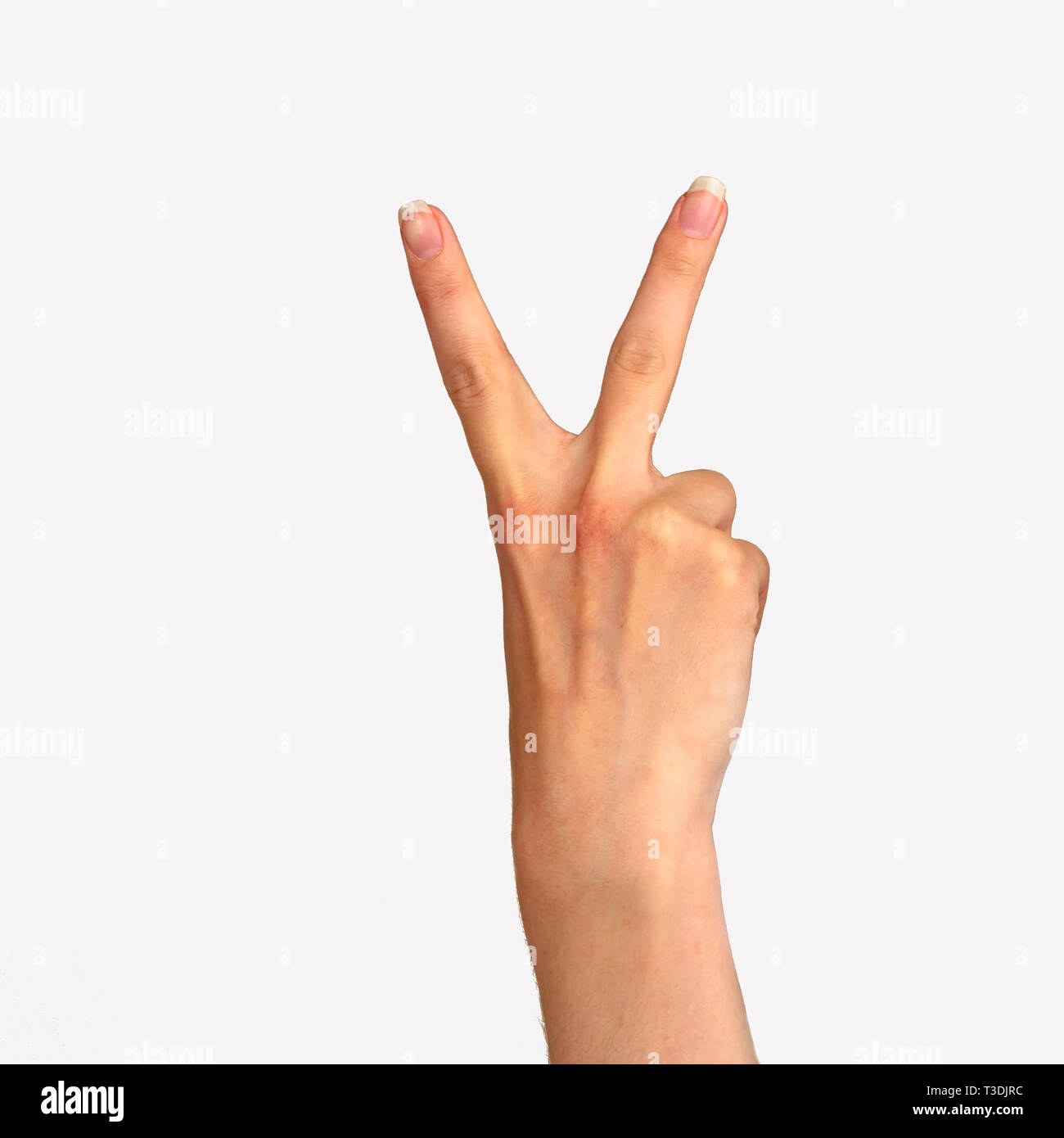 Hand with two fingers up in the peace or victory symbol. Also the sign