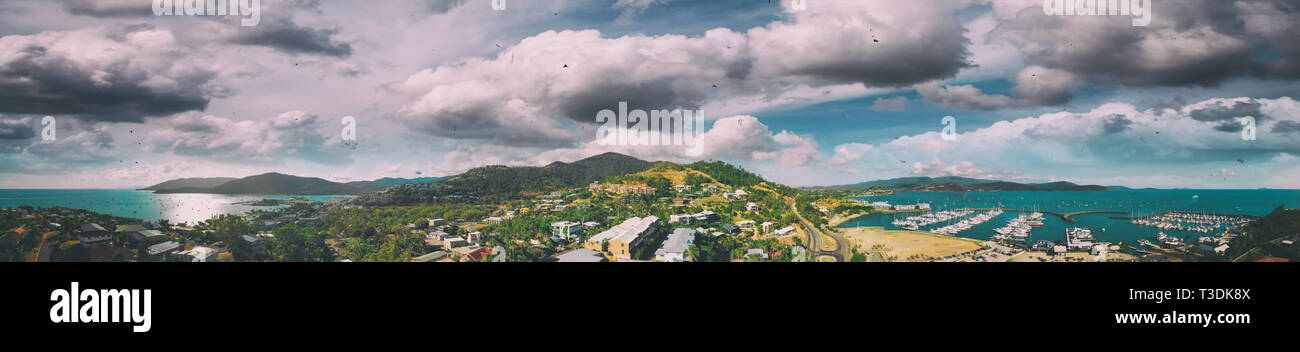 Panoramic aerial view of Airlie Beach skyline and Marina, Australia. Stock Photo