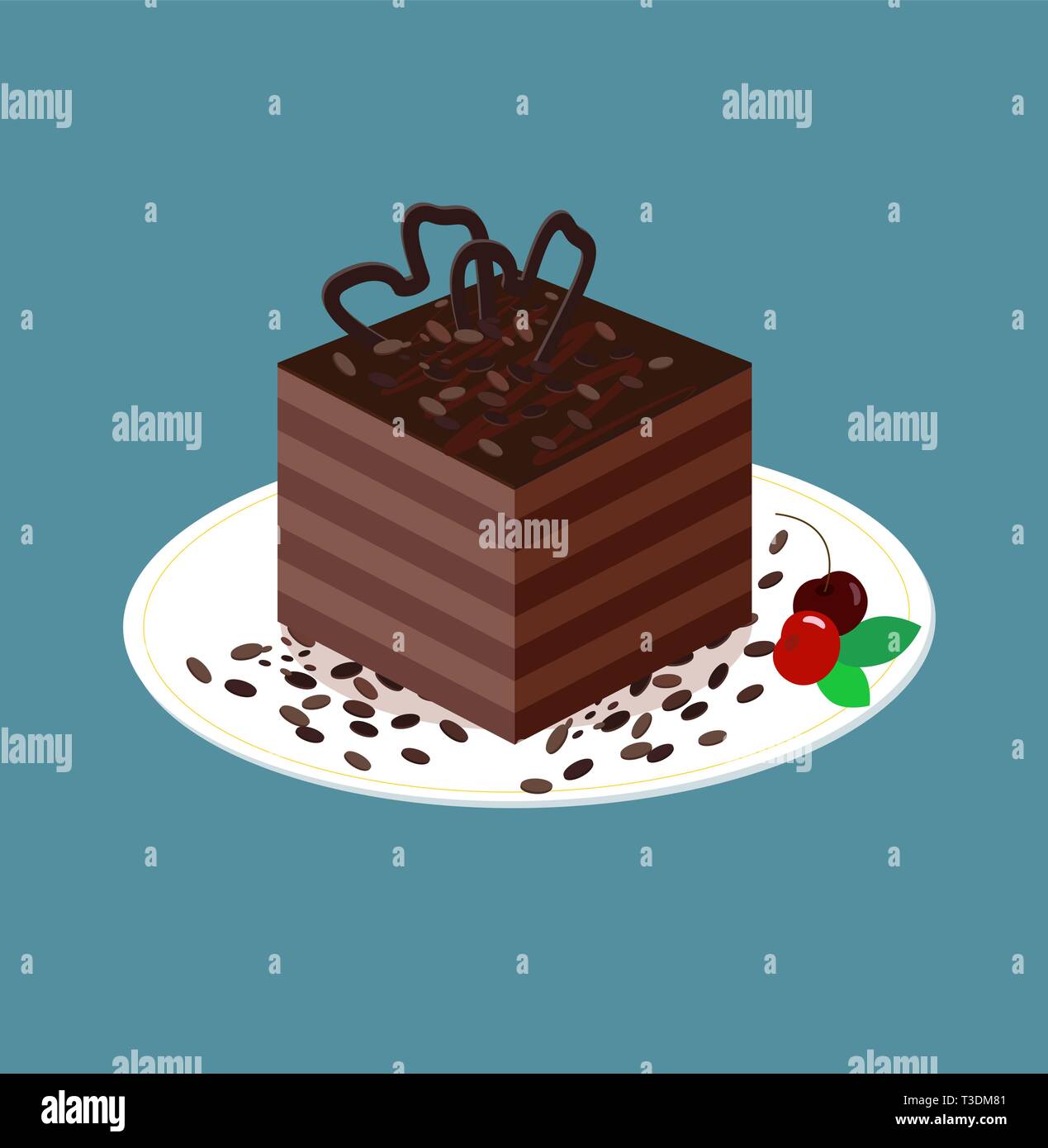 Chocolate sponge cake with cakes and cherries. Cocoa jelly cube and mint leaves. Vector illustration of a dessert on a plate in isometric style. Puff Stock Vector
